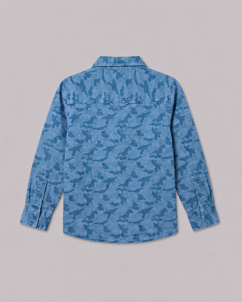 Boys Denim Camo Full Sleeve Shirt back flat lay, part of Kissa's shirts for boys range