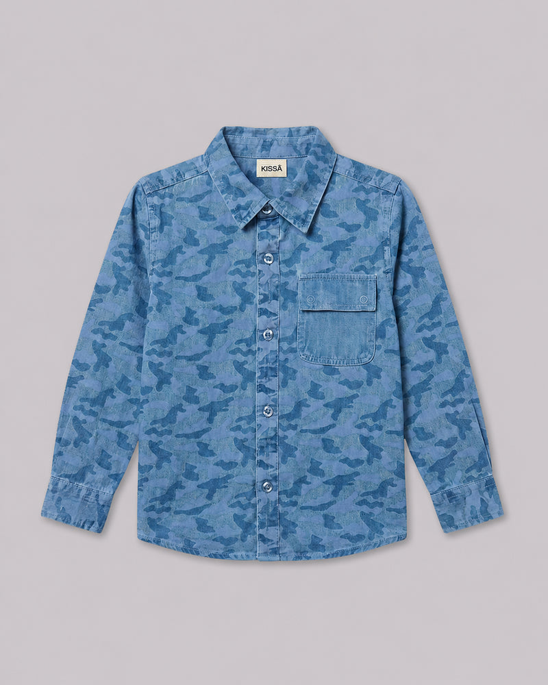 Boys Denim Camo Full Sleeve Shirt front flat lay, a rugged pick from cotton shirts for boys