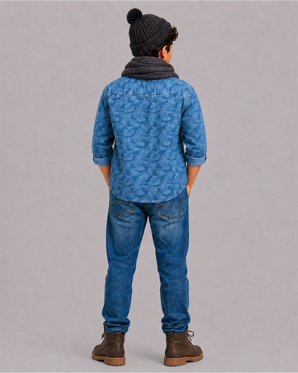 Boy in pom-pom beanie wearing Denim Camo Shirt, back view, Kissa boys clothing collection