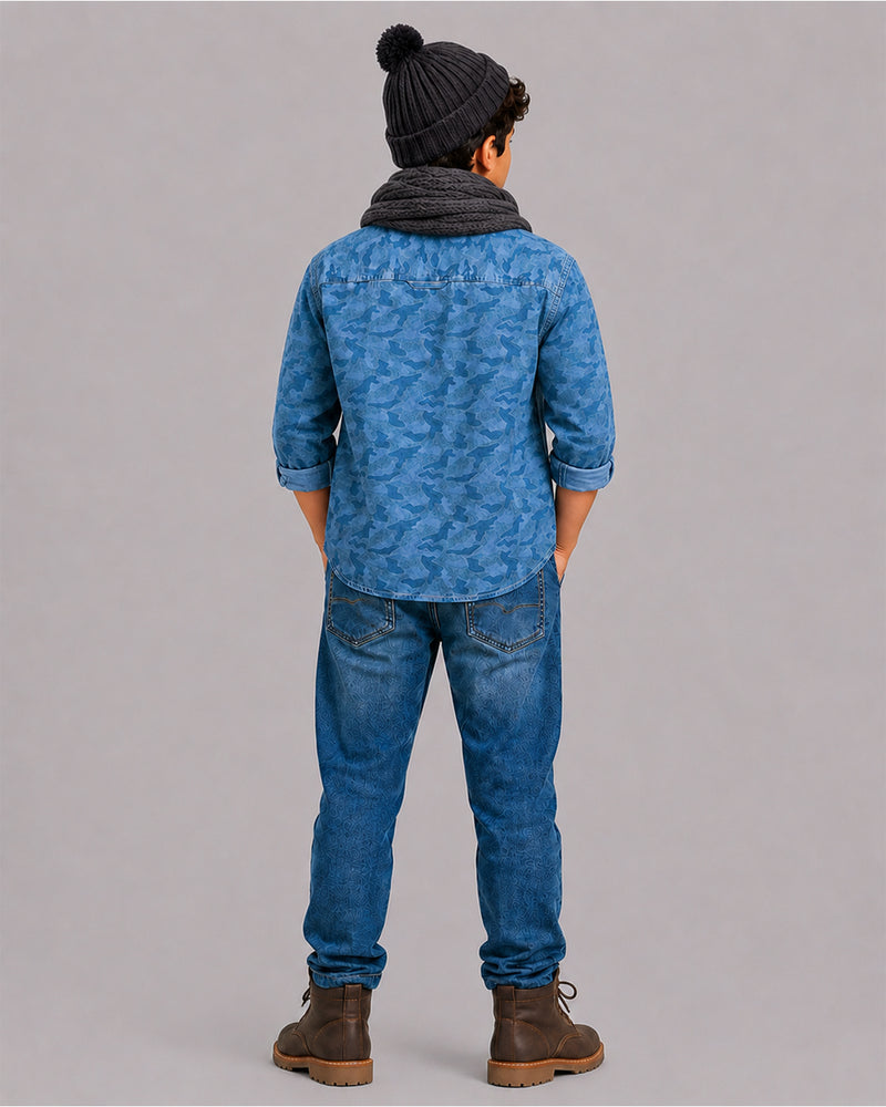 Boy in pom-pom beanie wearing Denim Camo Shirt, back view, Kissa boys clothing collection