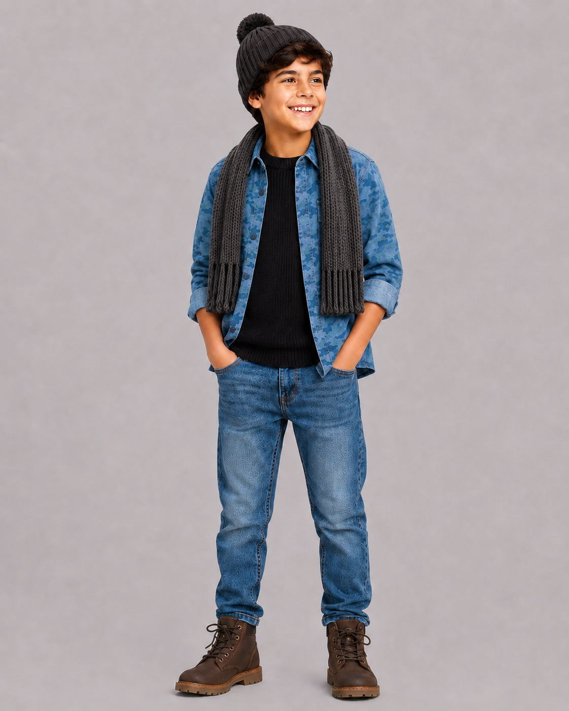 Boy in beanie wearing Denim Camo Full Sleeve Shirt, a cozy pick from Kissa's boys shirts line