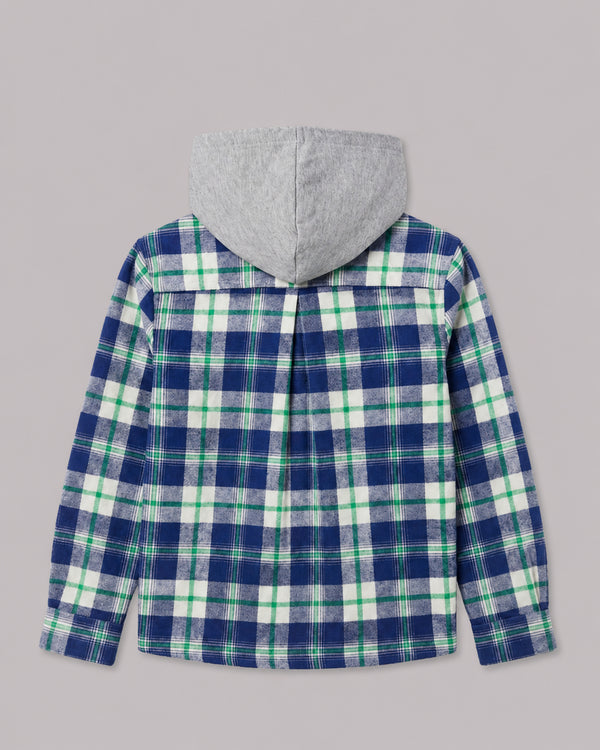 Boys Green Blue Check Shacket with Hood back flat lay, part of Kissa's coats and jackets