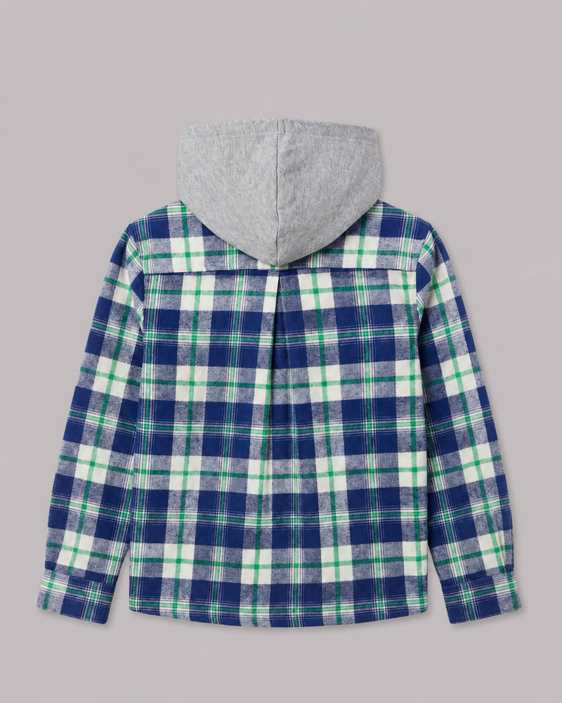 Boys Green Blue Check Shacket with Hood back flat lay, part of Kissa's coats and jackets