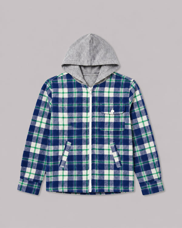 Boys Green Blue Check Shacket with Hood front flat lay, cozy childrens coats jackets pick
