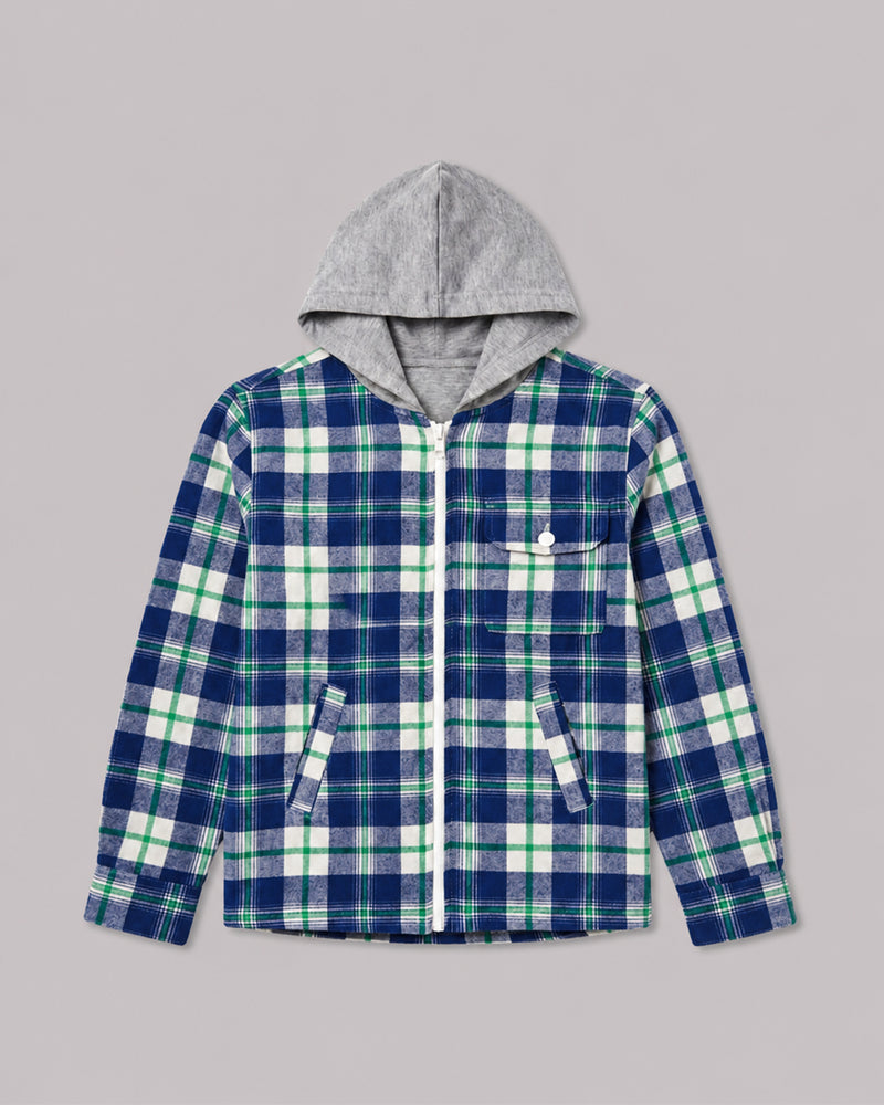 Boys Green Blue Check Shacket with Hood front flat lay, cozy childrens coats jackets pick