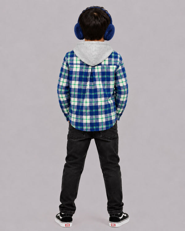 Boy in earmuffs wearing Green Blue Check Shacket with Hood, back view, boys clothes