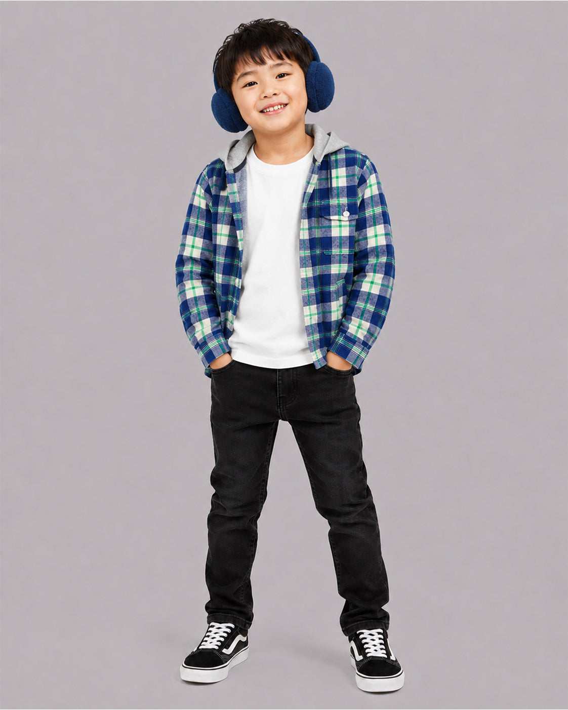 Smiling boy in earmuffs wearing Green Blue Shacket with Hood, Kissa boys clothing pick