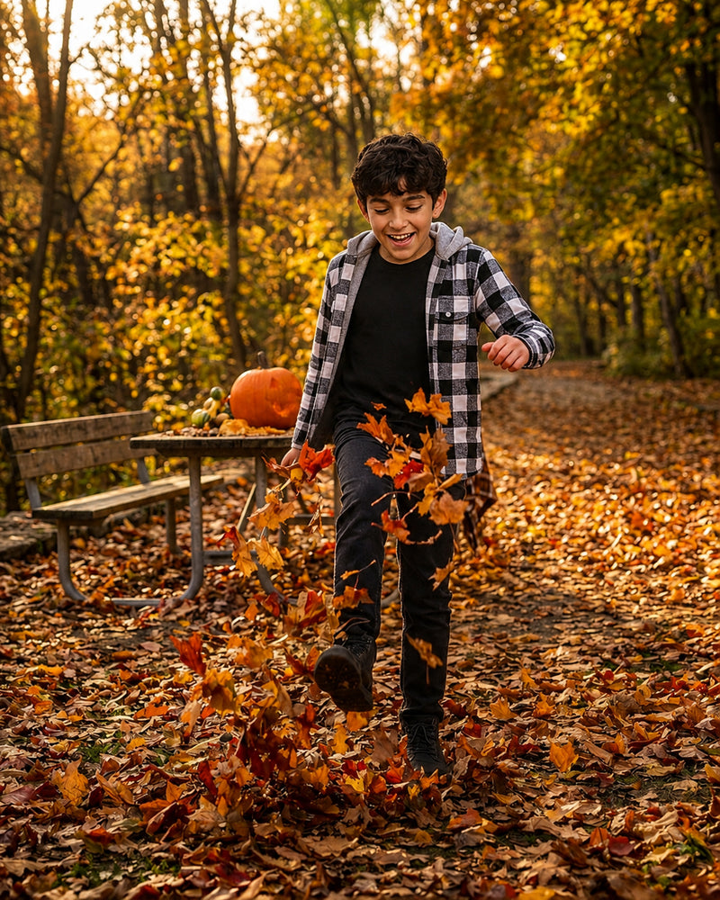 Boy kicking autumn leaves in Black White Shacket with Hood, cheerful fall outfits for boys