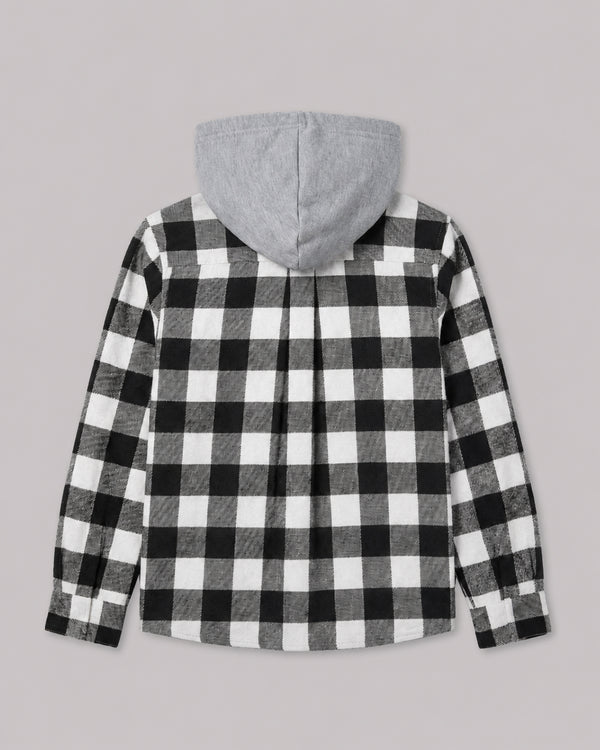 Boys Black White Check Shacket with Hood back flat lay, part of Kissa's coats and jackets
