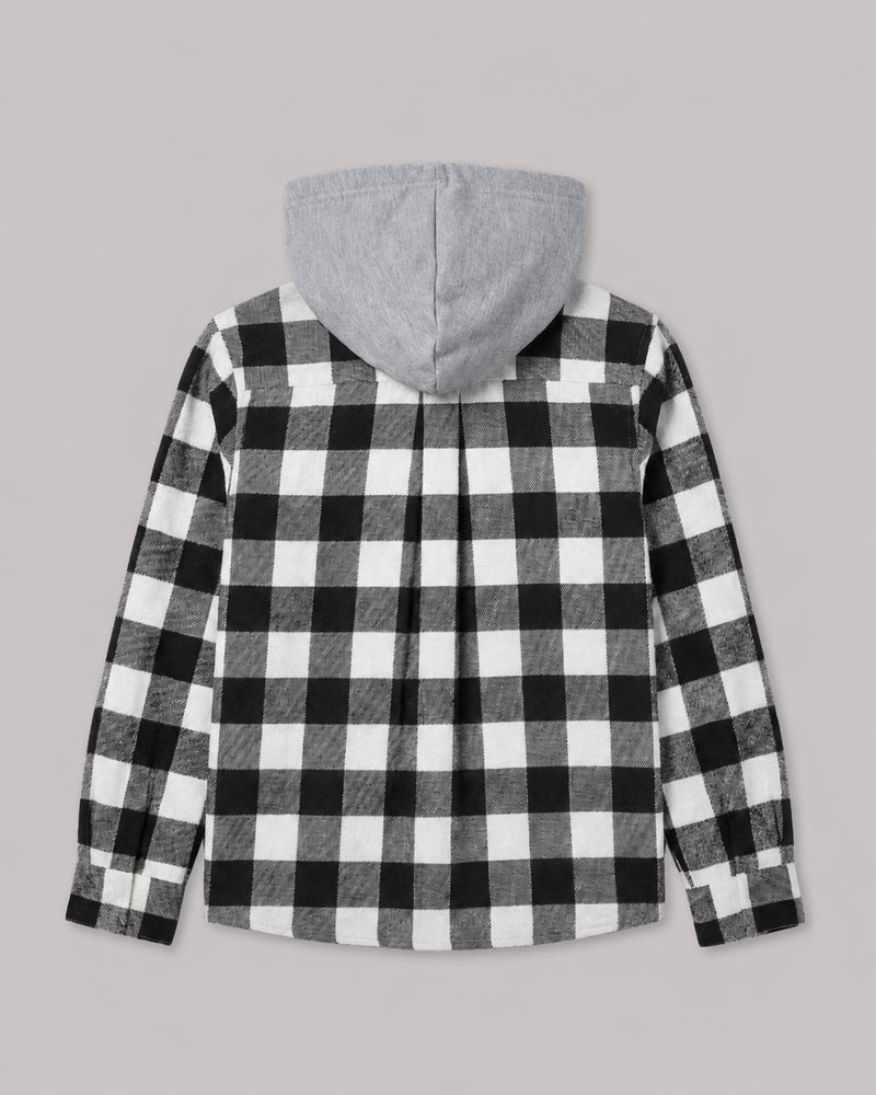 Boys Black White Check Shacket with Hood back flat lay, part of Kissa's coats and jackets