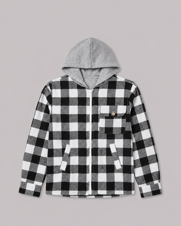 Boys Black White Buffalo Check Shacket with Hood, front flat lay, childrens coats jackets