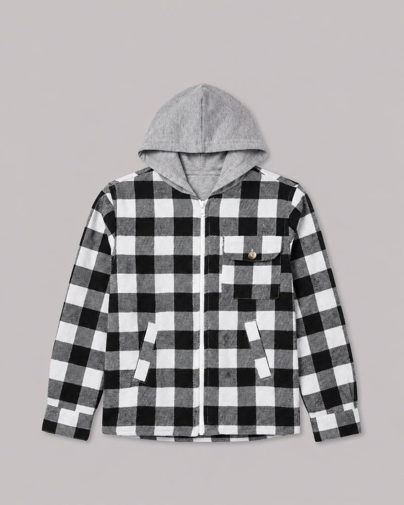 Boys Black White Buffalo Check Shacket with Hood, front flat lay, childrens coats jackets