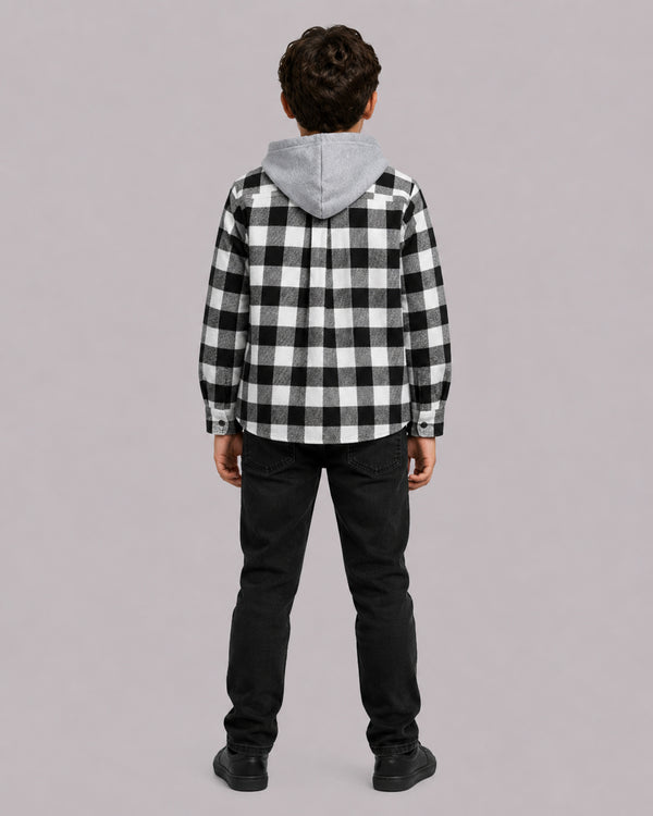 Boy in Black White Buffalo Check Shacket with Hood, back view, Kissa boys clothes