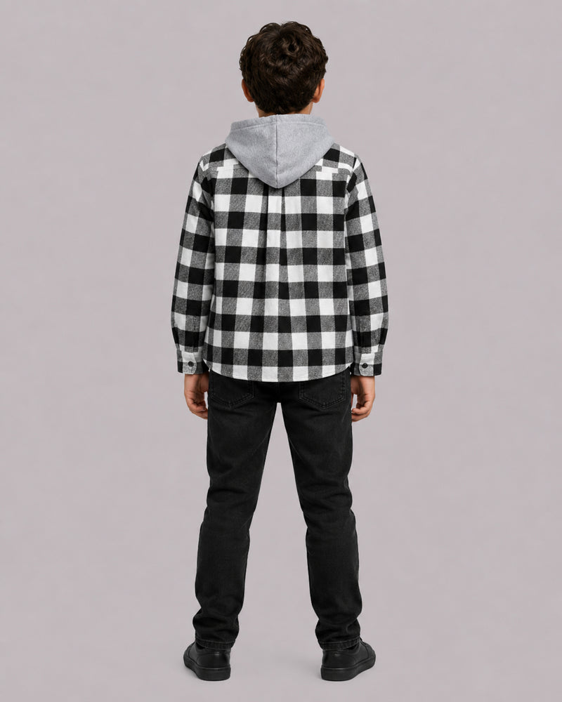 Boy in Black White Buffalo Check Shacket with Hood, back view, Kissa boys clothes