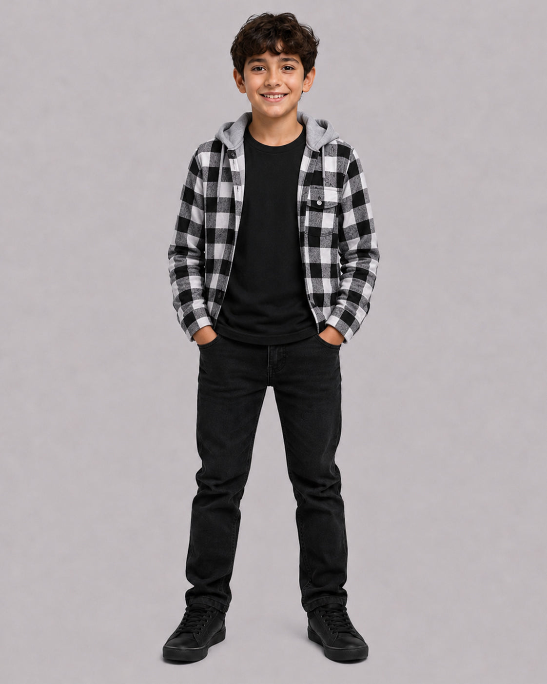 Smiling boy wearing Black White Check Shacket with Hood, a Kissa boys clothing pick