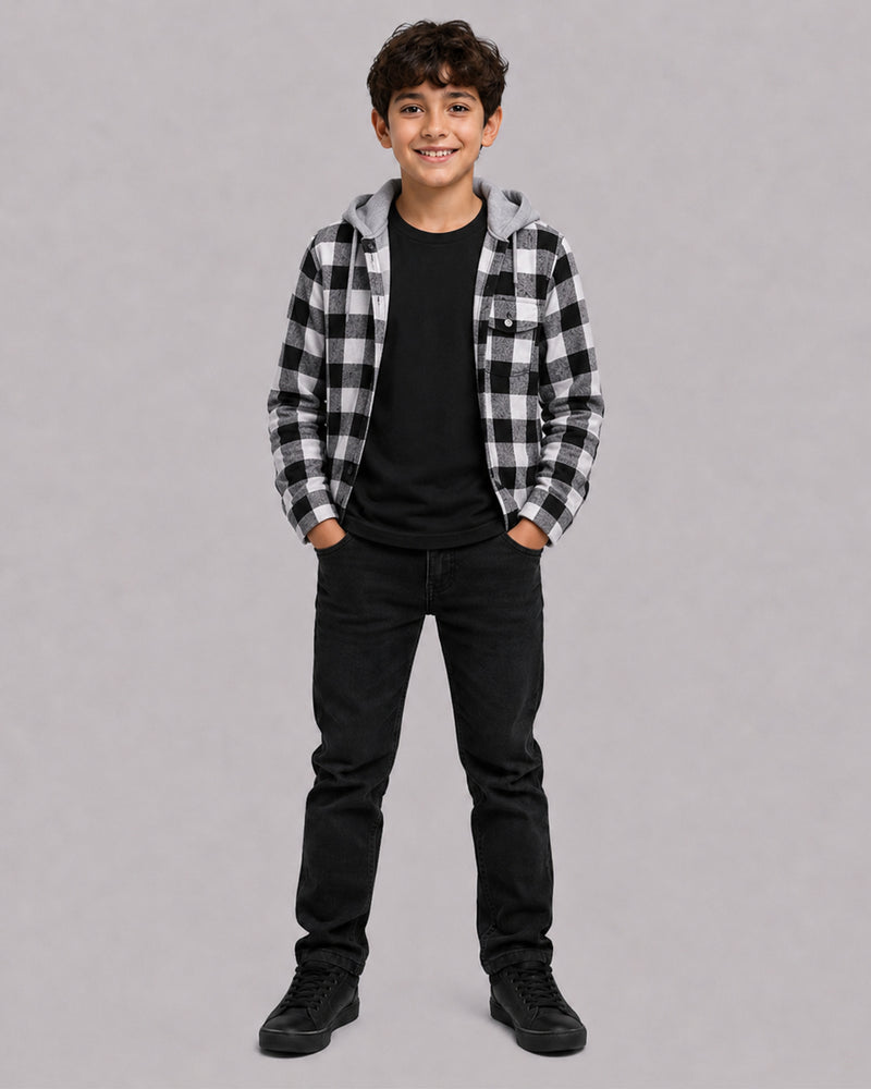 Smiling boy wearing Black White Check Shacket with Hood, a Kissa boys clothing pick