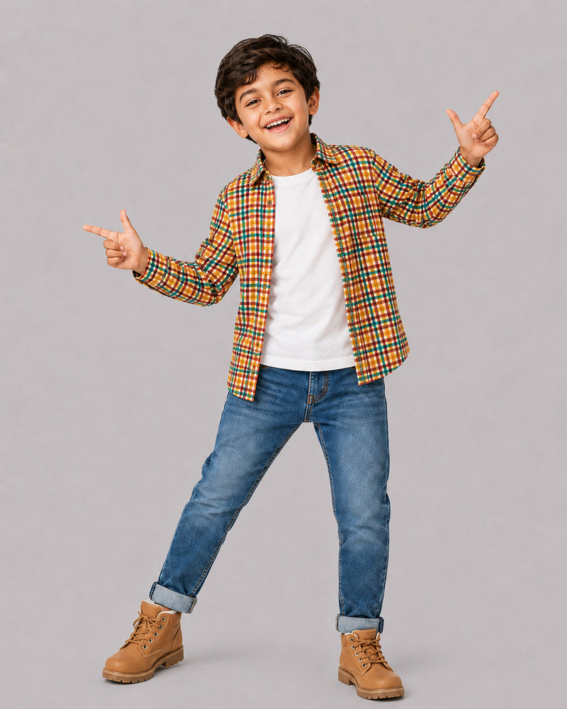 Cheerful boy in Multicolor Check Full Sleeve Shirt, a fun pick from Kissa's boys shirts line