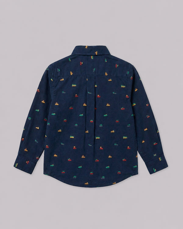 Boys Navy Christmas Print Shirt back flat lay, a festive pick from shirts for boys