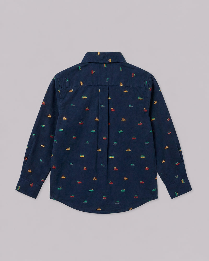 Boys Navy Christmas Print Shirt back flat lay, a festive pick from shirts for boys