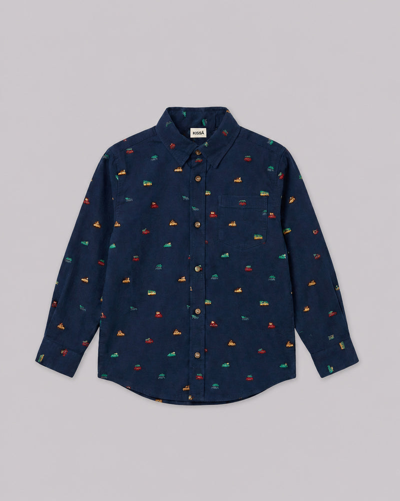 Boys Navy Christmas Car Print Full Sleeve Shirt front flat lay, cotton shirts for boys