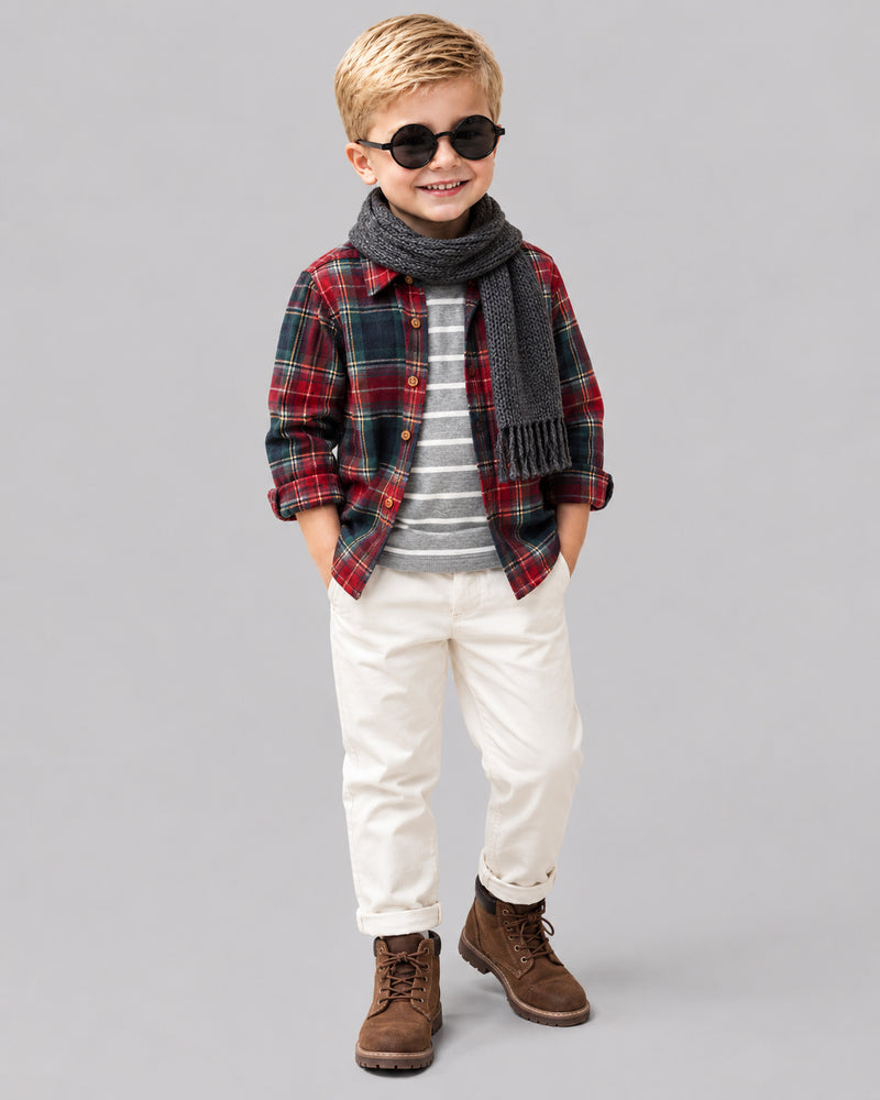 Boys Green Red Plaid Twill Shirt
