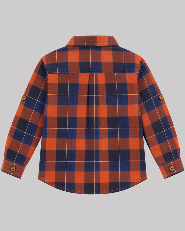 Boys Orange Navy Plaid Twill Shirt