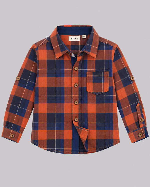 Boys Orange Navy Plaid Twill Shirt