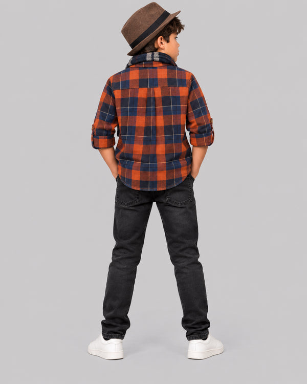 Boys Orange Navy Plaid Twill Shirt