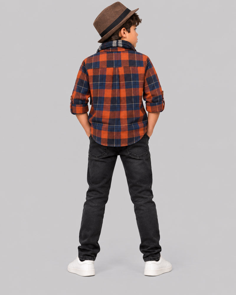 Boys Orange Navy Plaid Twill Shirt