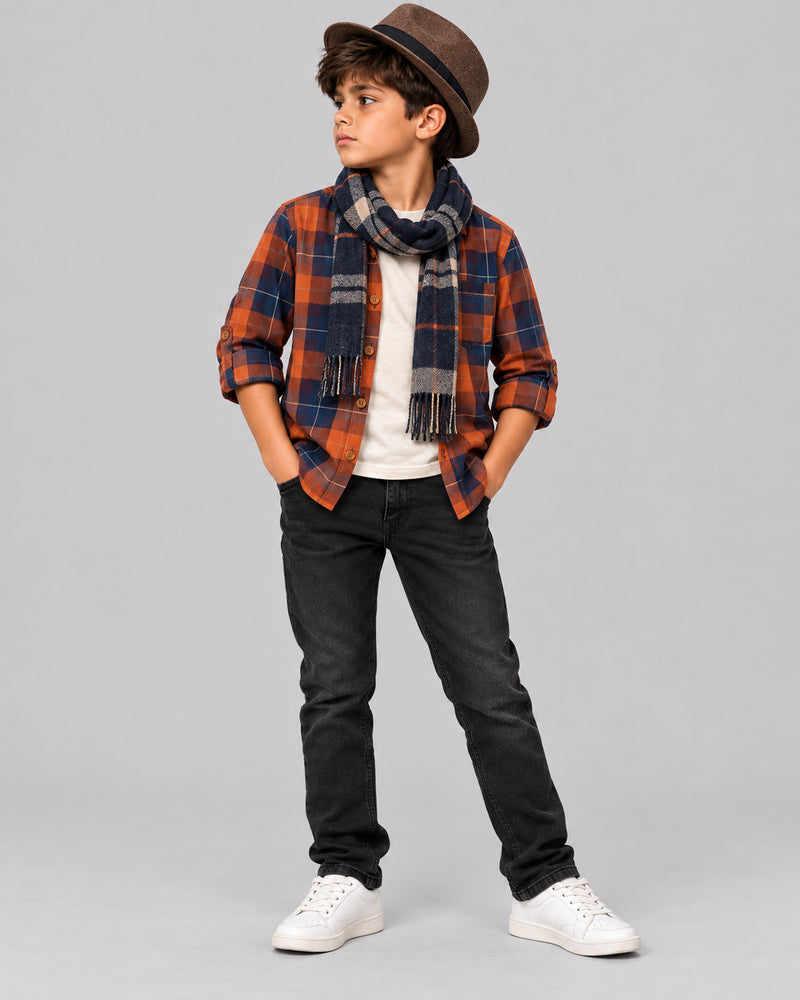 Boys Orange Navy Plaid Twill Shirt
