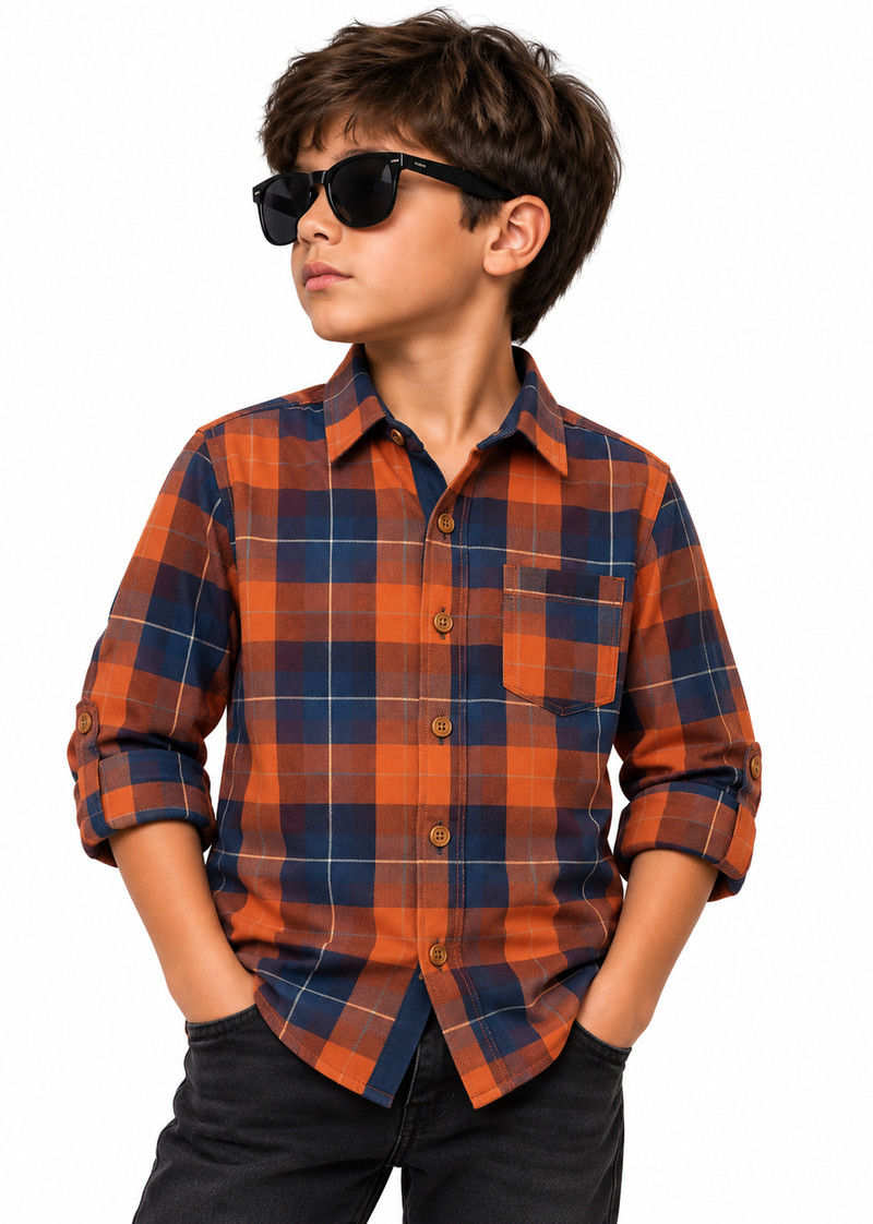 Boys Orange Navy Plaid Twill Shirt