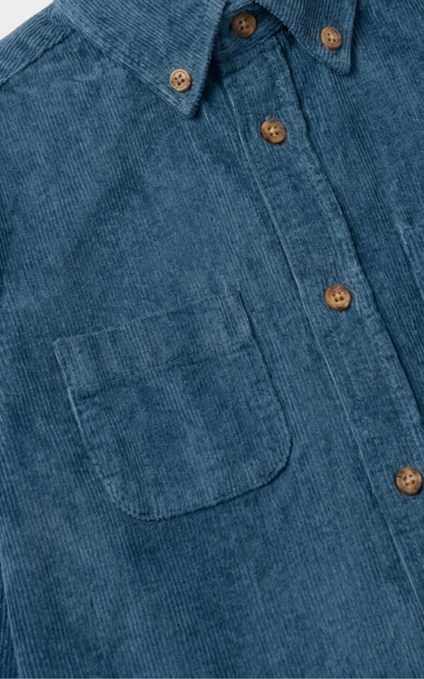 Closeup of ribbed corduroy texture and buttons on Boys Teal Shirt, boys cotton shirts