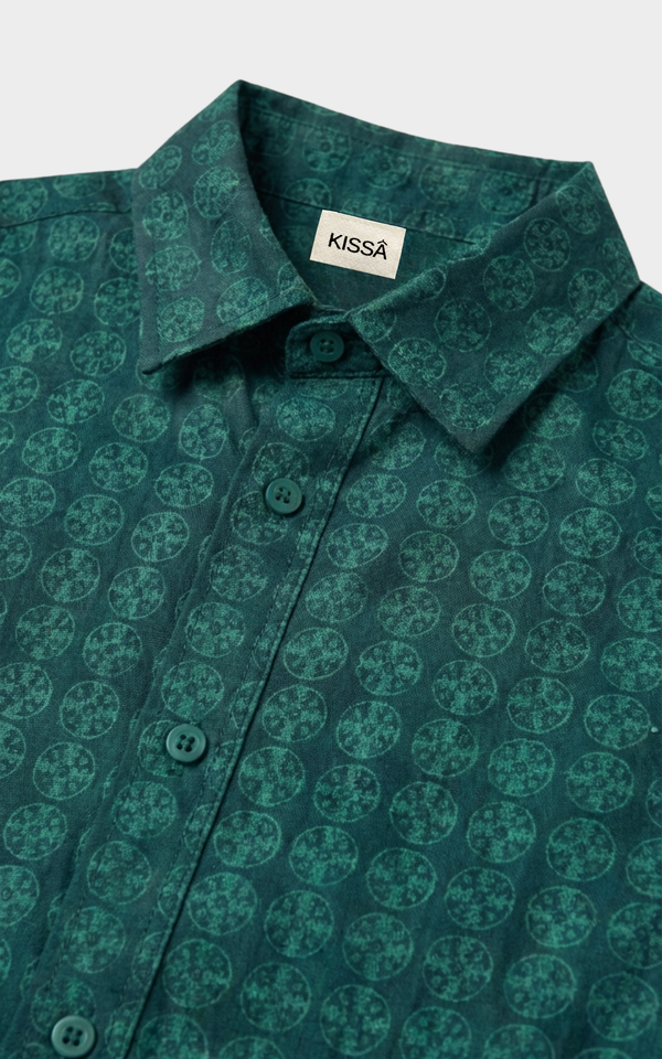 Closeup of medallion print pattern and buttons on Boys Green Shirt, boys cotton shirts