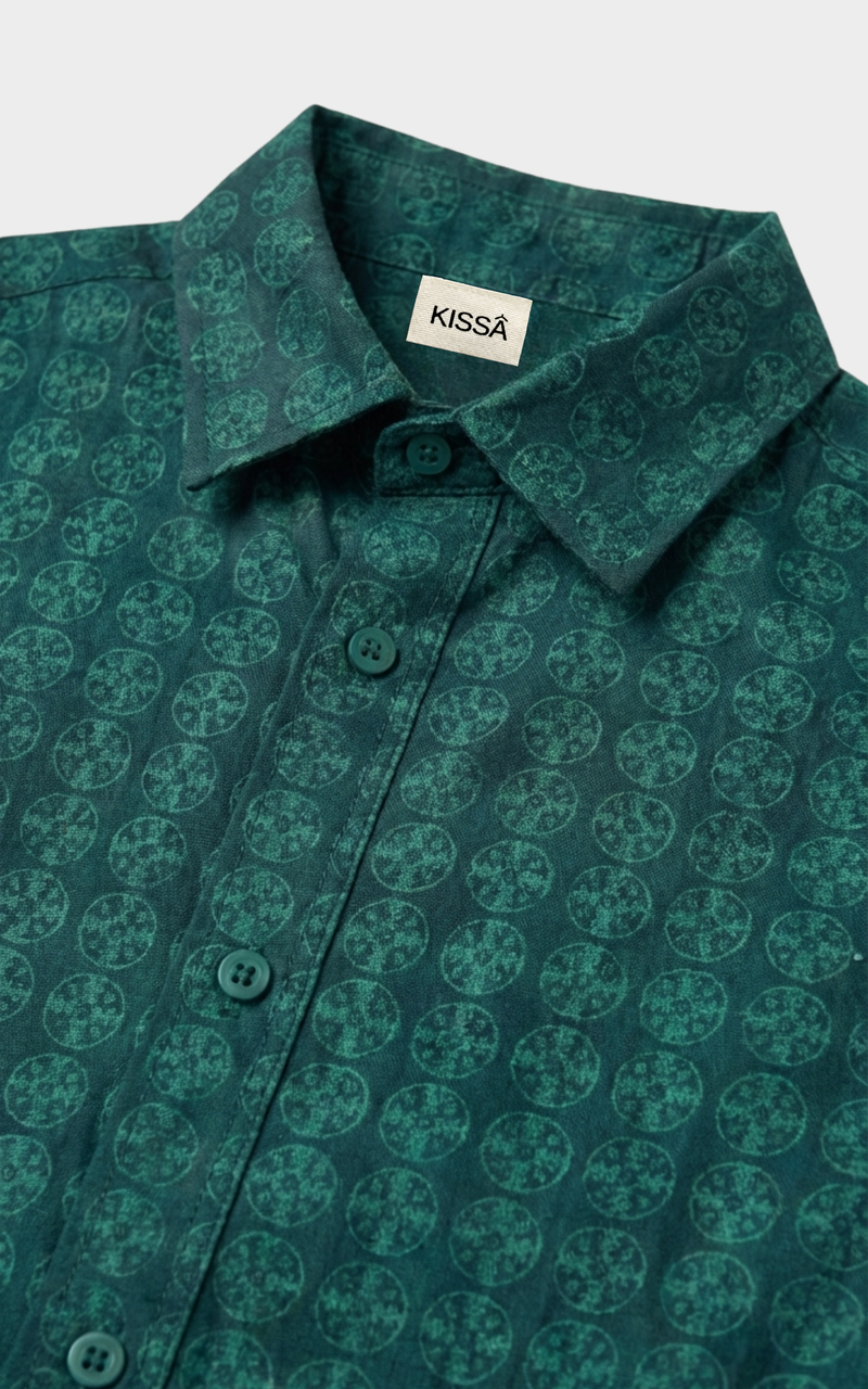 Closeup of medallion print pattern and buttons on Boys Green Shirt, boys cotton shirts