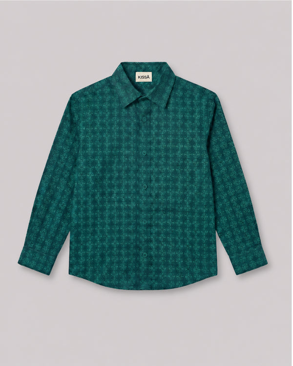 Boys Green Printed Full Sleeve Shirt front flat lay, part of Kissa's cotton shirts for boys