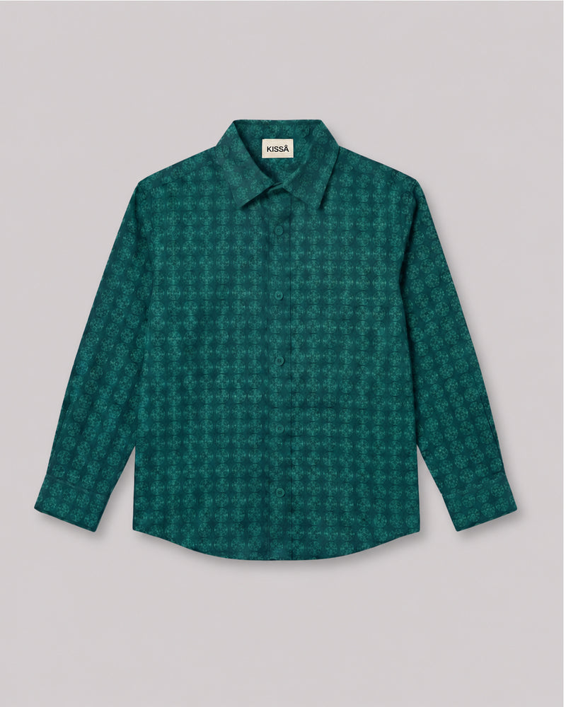 Boys Green Printed Full Sleeve Shirt front flat lay, part of Kissa's cotton shirts for boys