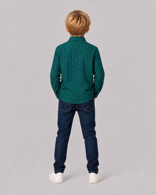 Boy wearing Green Printed Full Sleeve Shirt, back view, Kissa boys clothing collection
