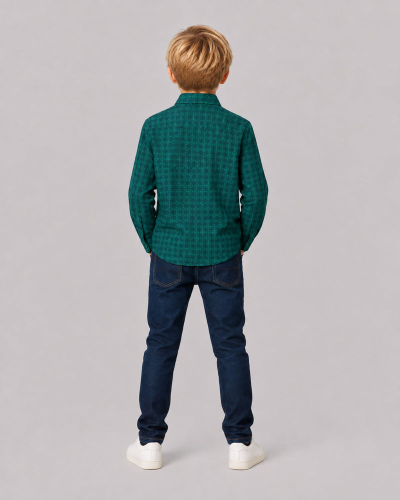 Boy wearing Green Printed Full Sleeve Shirt, back view, Kissa boys clothing collection