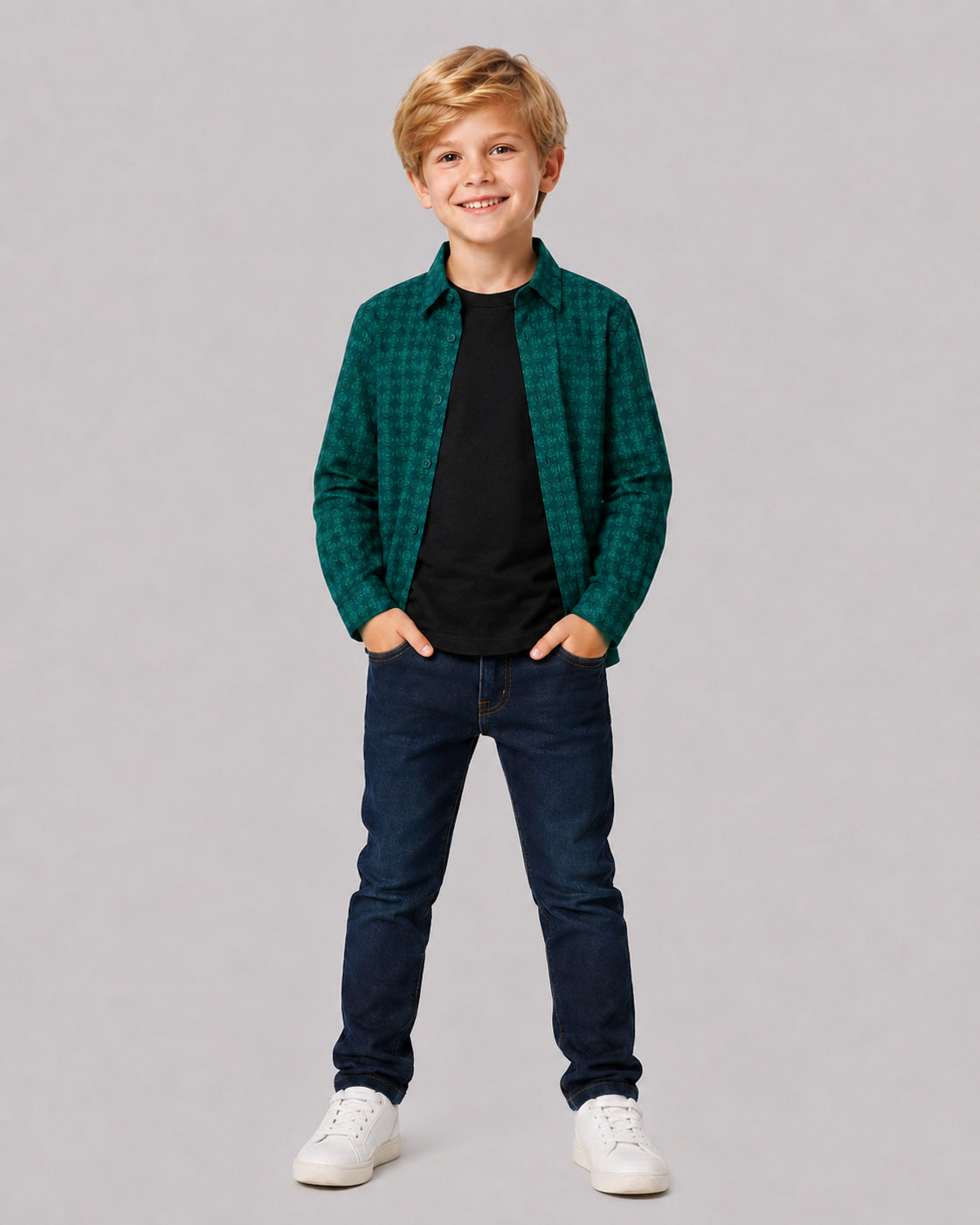 Smiling boy in Green Printed Full Sleeve Shirt, a pick from Kissa's boys shirts line