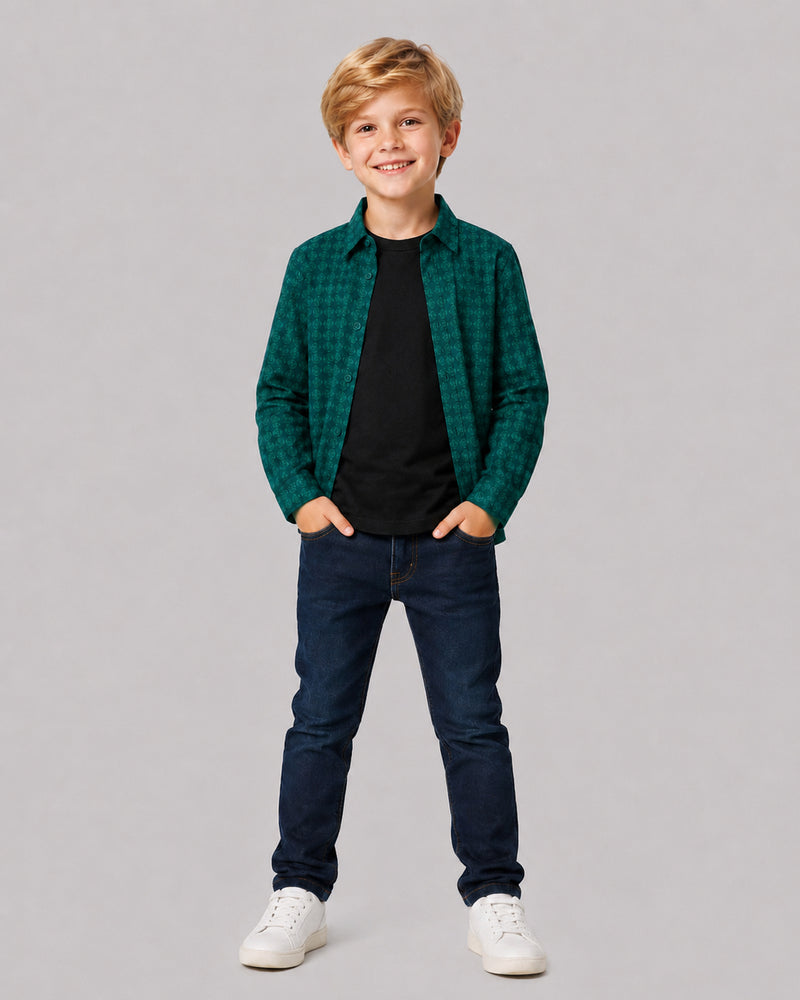 Smiling boy in Green Printed Full Sleeve Shirt, a pick from Kissa's boys shirts line