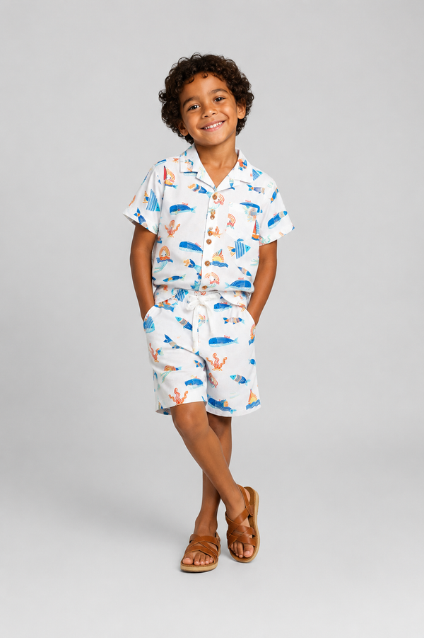 White Ocean Print Shorts
