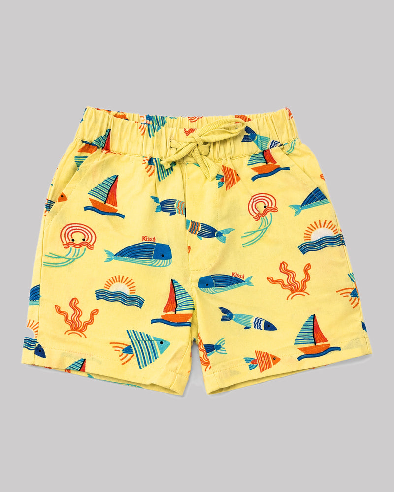 Boys yellow ocean themed shorts with sailboat and fish print, drawstring waist