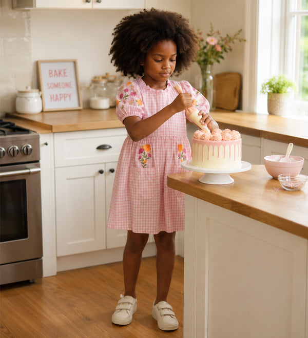 Pink Gingham Bouquet Balloon-Sleeve Dress