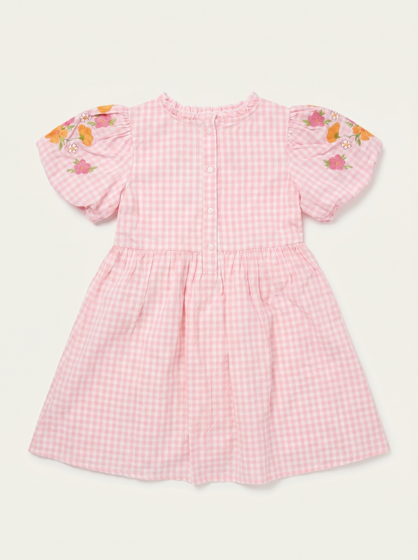 Pink Gingham Bouquet Balloon-Sleeve Dress