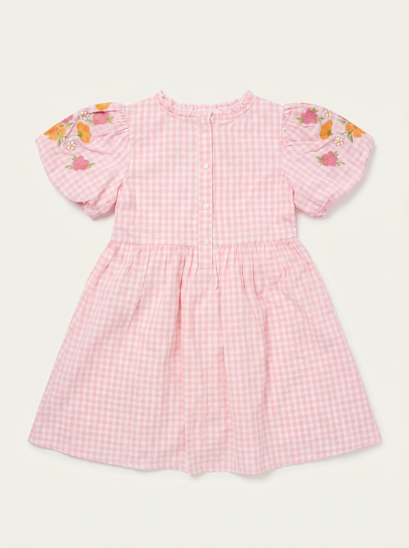 Pink Gingham Bouquet Balloon-Sleeve Dress