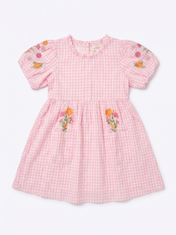 Pink Gingham Bouquet Balloon-Sleeve Dress