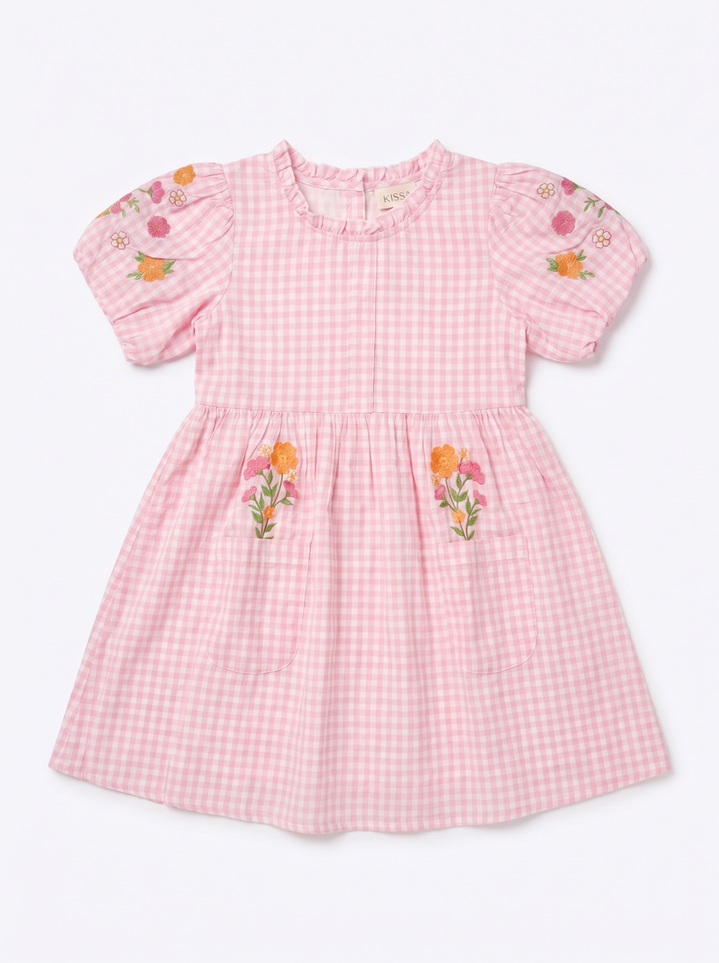 Pink Gingham Bouquet Balloon-Sleeve Dress