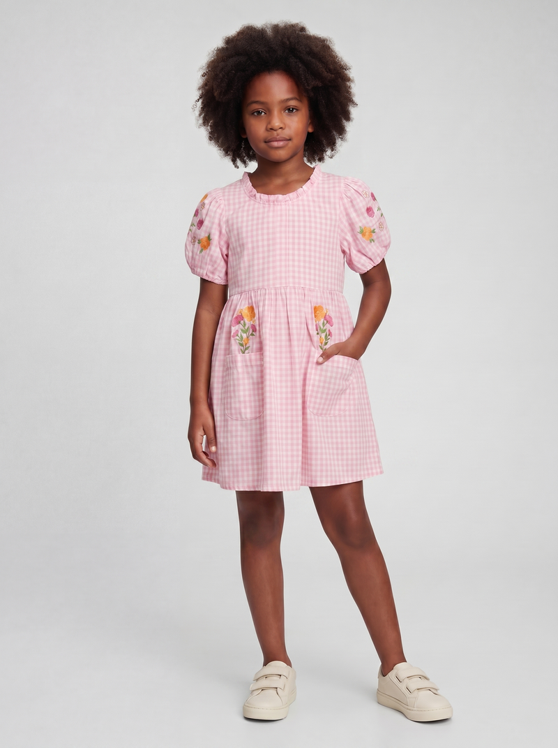 Pink Gingham Bouquet Balloon-Sleeve Dress