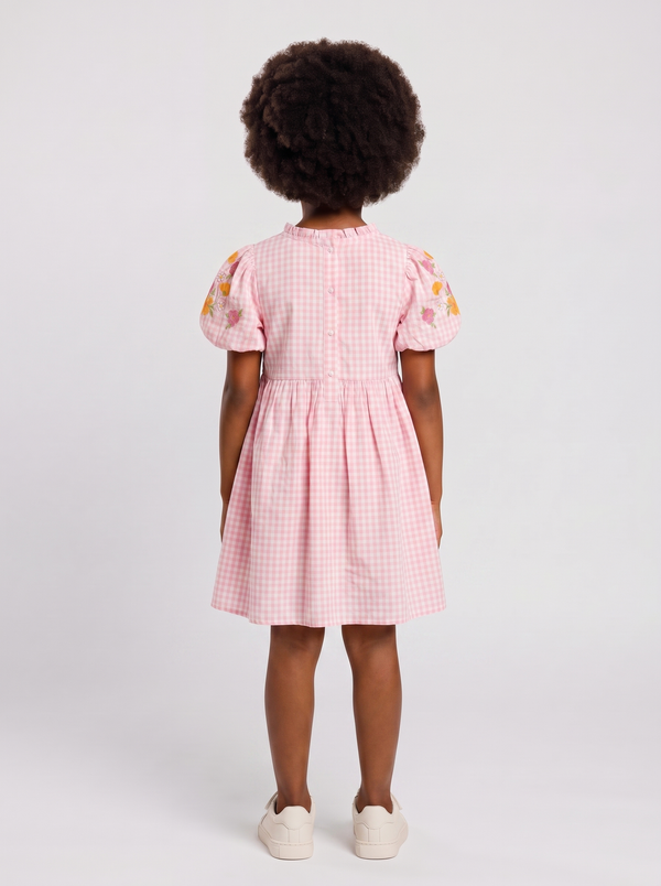 Pink Gingham Bouquet Balloon-Sleeve Dress