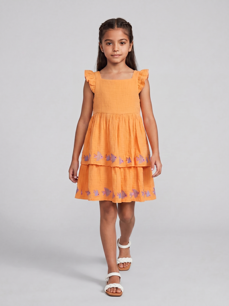 Orange Fish Layered Muslin Dress